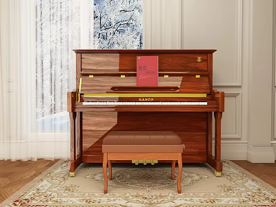 Elegant Wooden Upright Piano With Red Book Matching Stool And Carpet 3d model