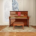 Elegant Wooden Upright Piano With Red Book Matching Stool And Carpet