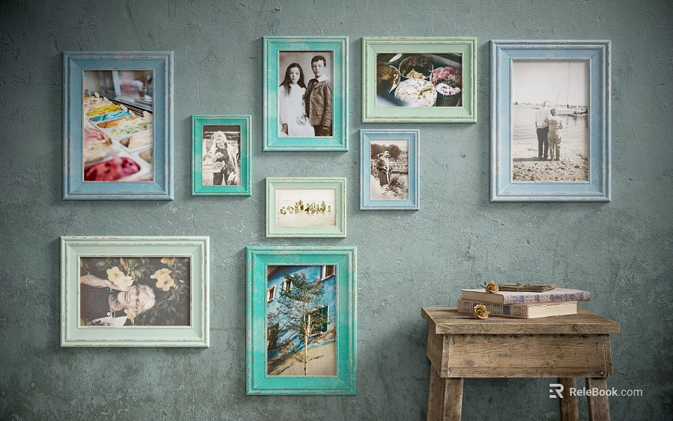 Vintage Colorful Photo Frames on Rustic Wall with Wooden Table and Books 3d model 