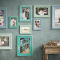 Vintage Colorful Photo Frames on Rustic Wall with Wooden Table and Books