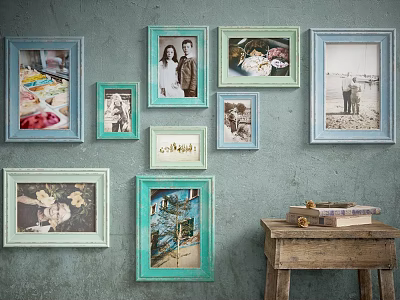 Vintage Colorful Photo Frames on Rustic Wall with Wooden Table and Books 3d model