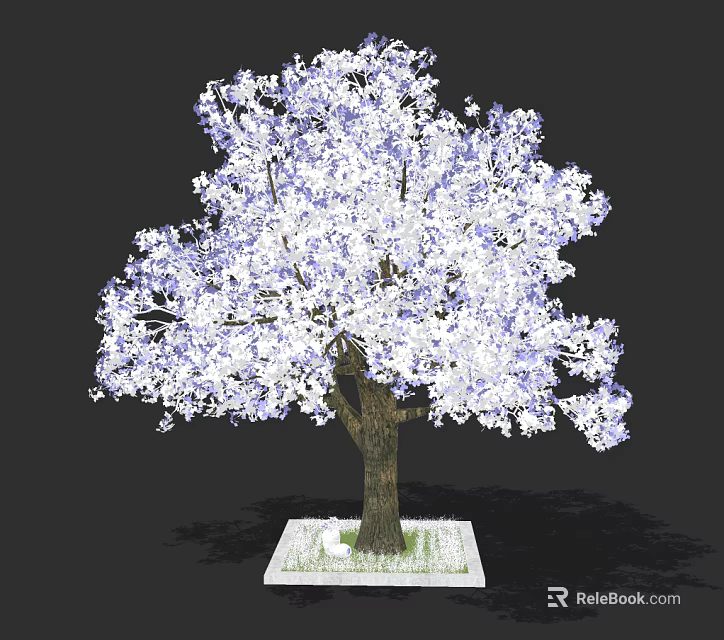 Ornamental Arbor with Purple and White Flowers Brown Trunk Square Base Green Grass 3d model 