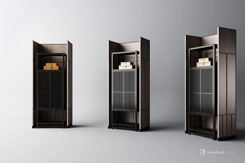 Modern Dark Wood Decorative Cabinets With Glass Doors And Stacked Boxes 3d model 