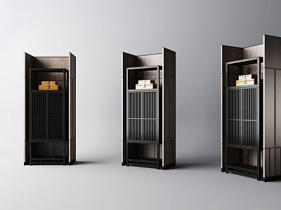 Modern Dark Wood Decorative Cabinets With Glass Doors And Stacked Boxes 3d model