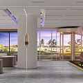 Modern Sales Office With Pink Chandeliers Waterfall Painting Reception Desk Sofa Column And Display Shelves