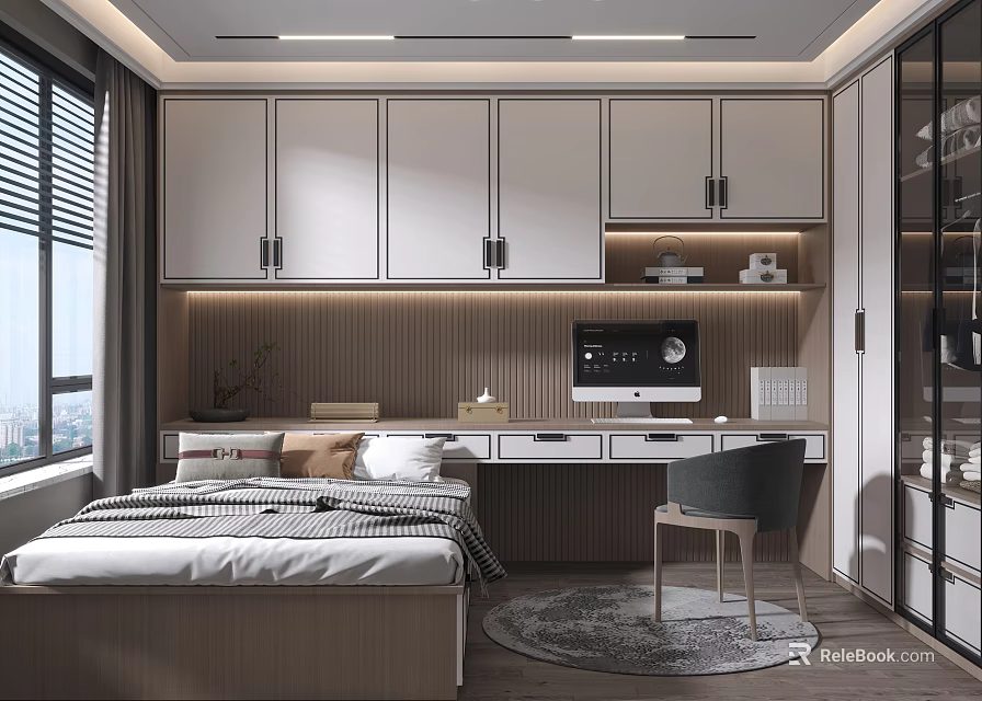 Tatami Bedroom Interior Design With Tatami Bed White Cabinets Desk Chair And Window 3d model 