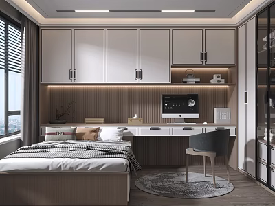 Tatami Bedroom Interior Design With Tatami Bed White Cabinets Desk Chair And Window 3d model