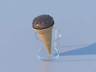 Creamy Chocolate Topped Brown Waffle Ice Cream Cone Served in Transparent Glass 3d model