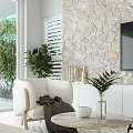 Duplex Living Room Interior With Stone Wall TV White Sofas Coffee Table And Potted Plant