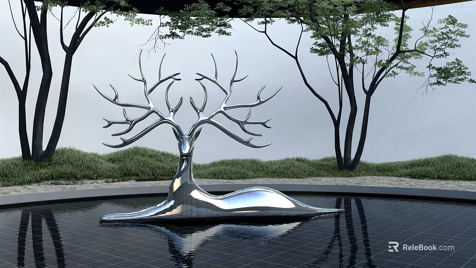 Landscape Sculpture Silver Deer Head With Branch Like Antlers On Water Surface Trees And Grass 3d model 