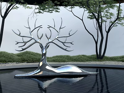 Landscape Sculpture Silver Deer Head With Branch Like Antlers On Water Surface Trees And Grass 3d model