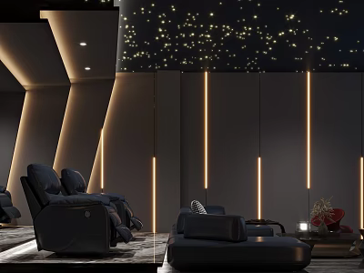 Modern Home Theater With Starry Ceiling Recliners And Linear Lights 3d model