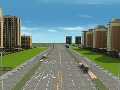 Urban Road Infrastructure With Wide Paved Surface Yellow Dividing Line Street Lamps And Green Lawns 3d model