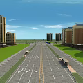 Urban Road Infrastructure With Wide Paved Surface Yellow Dividing Line Street Lamps And Green Lawns