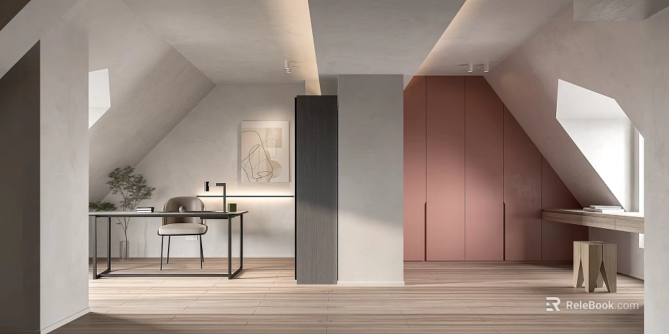 Minimalist Study Room Interior With Desk Chair Cabinets And Artwork 3d model 