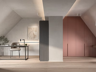 Minimalist Study Room Interior With Desk Chair Cabinets And Artwork 3d model