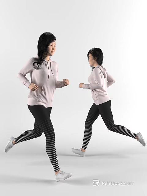 Women Running in Pink Hoodies and Black Striped Leggings with White Shoes 3d model 