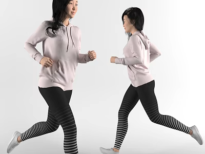 Women Running in Pink Hoodies and Black Striped Leggings with White Shoes 3d model