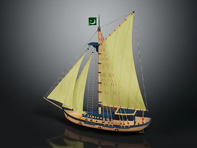 Detailed Wooden Model Sailboat With Yellow Sails Pakistan Flag And Brown Hull 3d model