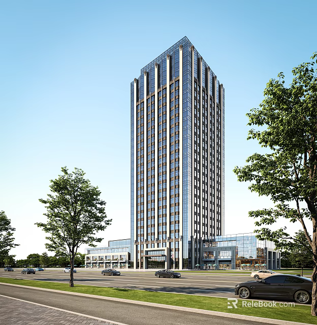 Modern High Rise Office Building With Glass Curtain Wall Low Rise Podium And Surrounding Trees 3d model 