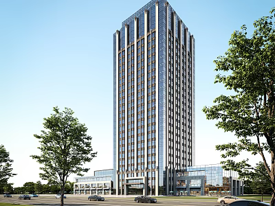 Modern High Rise Office Building With Glass Curtain Wall Low Rise Podium And Surrounding Trees 3d model