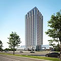 Modern High Rise Office Building With Glass Curtain Wall Low Rise Podium And Surrounding Trees