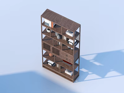 Wooden Modern Bookcase With Multi Tiered Shelves And Decorative Items 3d model