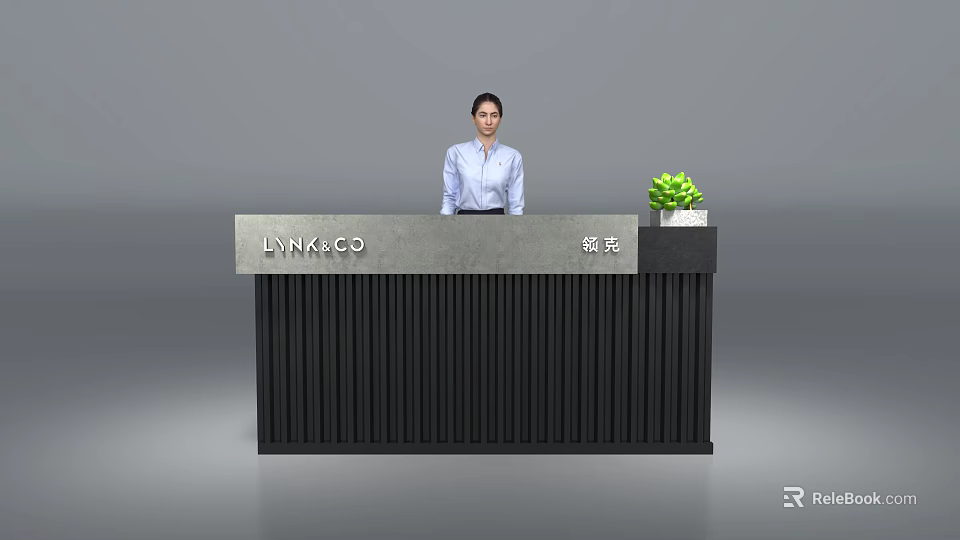 Modern Reception Desk With LINKICO Signage Green Plant And Vertical Slat Front 3d model 