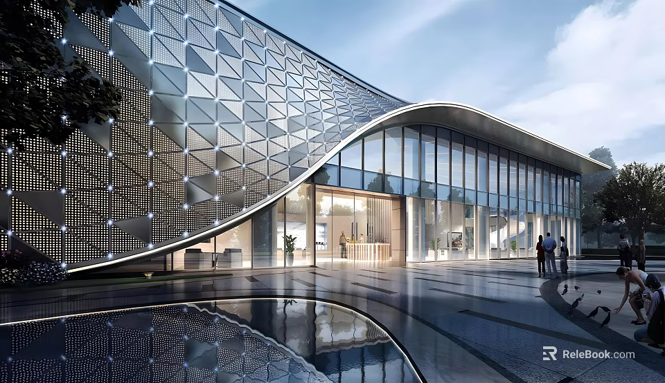Modern Sales Center Building with Curved Metal Facade Glass Curtain Wall and Water Reflection 3d model 
