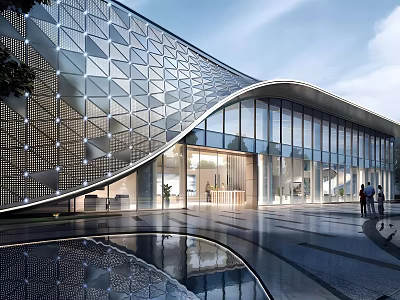 Modern Sales Center Building with Curved Metal Facade Glass Curtain Wall and Water Reflection 3d model