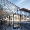 Modern Sales Center Building with Curved Metal Facade Glass Curtain Wall and Water Reflection