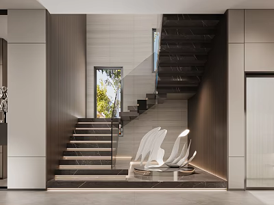 Elegant Modern Stairwell Interior Featuring Black Staircase Glass Railing Wooden Walls And White Sculpture 3d model
