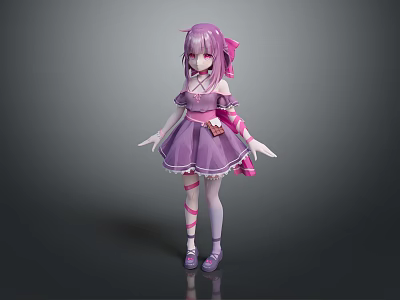 Cute Game Movie Character With Purple Hair Pink Bow Purple Dress White Gloves Striped Socks 3d model