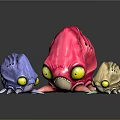 Three Fantasy Game Movie Characters With Blue Pink Beige Bodies Big Yellow Eyes And Tentacles