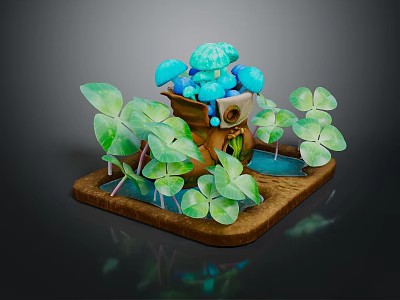 Cartoon Scene with Blue Mushrooms Green Clover Leaves and Small Water Stream on Brown Base 3d model
