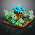 Cartoon Scene with Blue Mushrooms Green Clover Leaves and Small Water Stream on Brown Base
