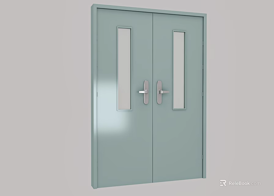 Modern Light Blue Double Doors With Rectangular Glass Panels And Silver Handles 3d model 