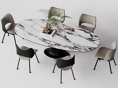 Modern Marble Oval Dining Table Set With Gray Black Chairs And Small Potted Plant 3d model