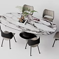 Modern Marble Oval Dining Table Set With Gray Black Chairs And Small Potted Plant