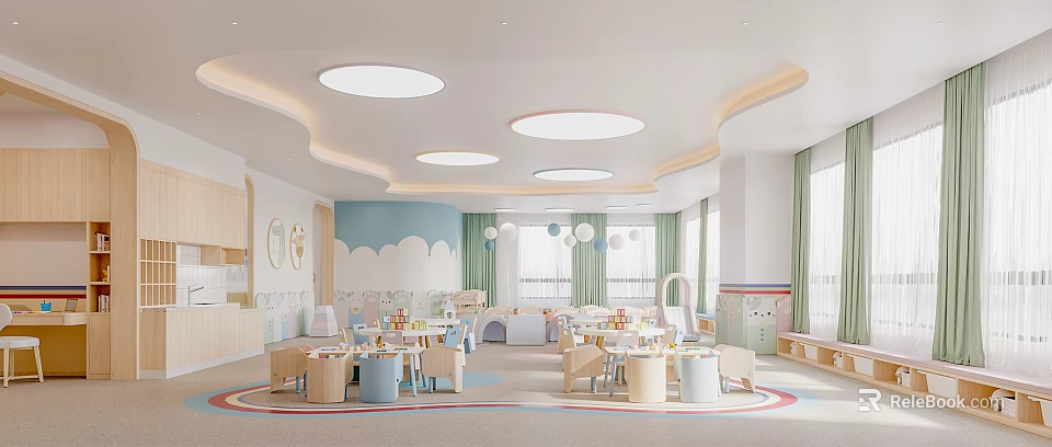Bright Kindergarten Interior Design With Children's Tables Chairs Cloud Decorations And Ceiling Lights 3d model 