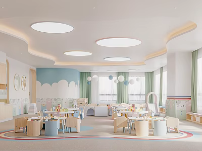 Bright Kindergarten Interior Design With Children's Tables Chairs Cloud Decorations And Ceiling Lights 3d model