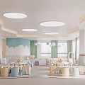 Bright Kindergarten Interior Design With Children's Tables Chairs Cloud Decorations And Ceiling Lights