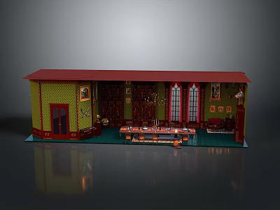 Traditional Building Interior Featuring Red Roof Green Walls Windows and Wooden Long Table 3d model