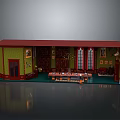 Traditional Building Interior Featuring Red Roof Green Walls Windows and Wooden Long Table