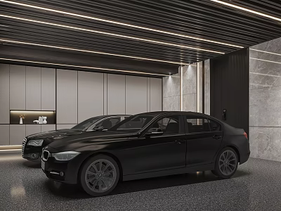 Modern Garage Interior With Two Black Cars Gray Cabinets And Ceiling Lighting 3d model