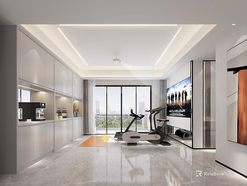 Modern Entertainment Room With Treadmill Large TV And Floor to Ceiling Windows 3d model 