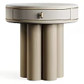 Modern Minimalist Beige Leather Bedside Table With Round Top Drawer And Cylindrical Column Legs