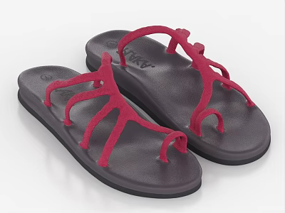 Flat Sandals With Crisscross Red Straps And Dark Comfortable Soles 3d model
