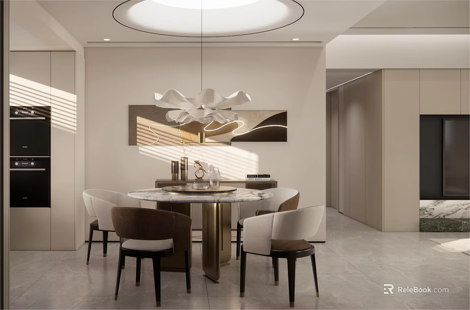 Modern Restaurant Dining Area with Round Table Elegant Chairs Pendant Light and Light Walls 3d model 