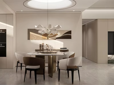 Modern Restaurant Dining Area with Round Table Elegant Chairs Pendant Light and Light Walls 3d model
